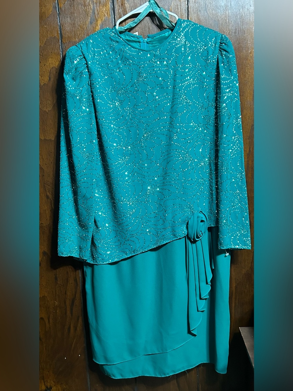 Elegant Teal Long Sleeve Evening Dress with Sparkle Overlay
